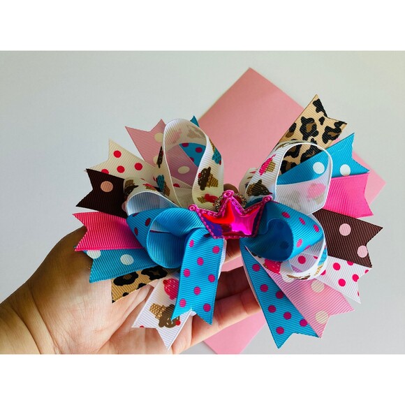 Princess Crown Big Hair Bow with Colored Grosgrain Ribbons for Girls & Toddler - Picture 3 of 6